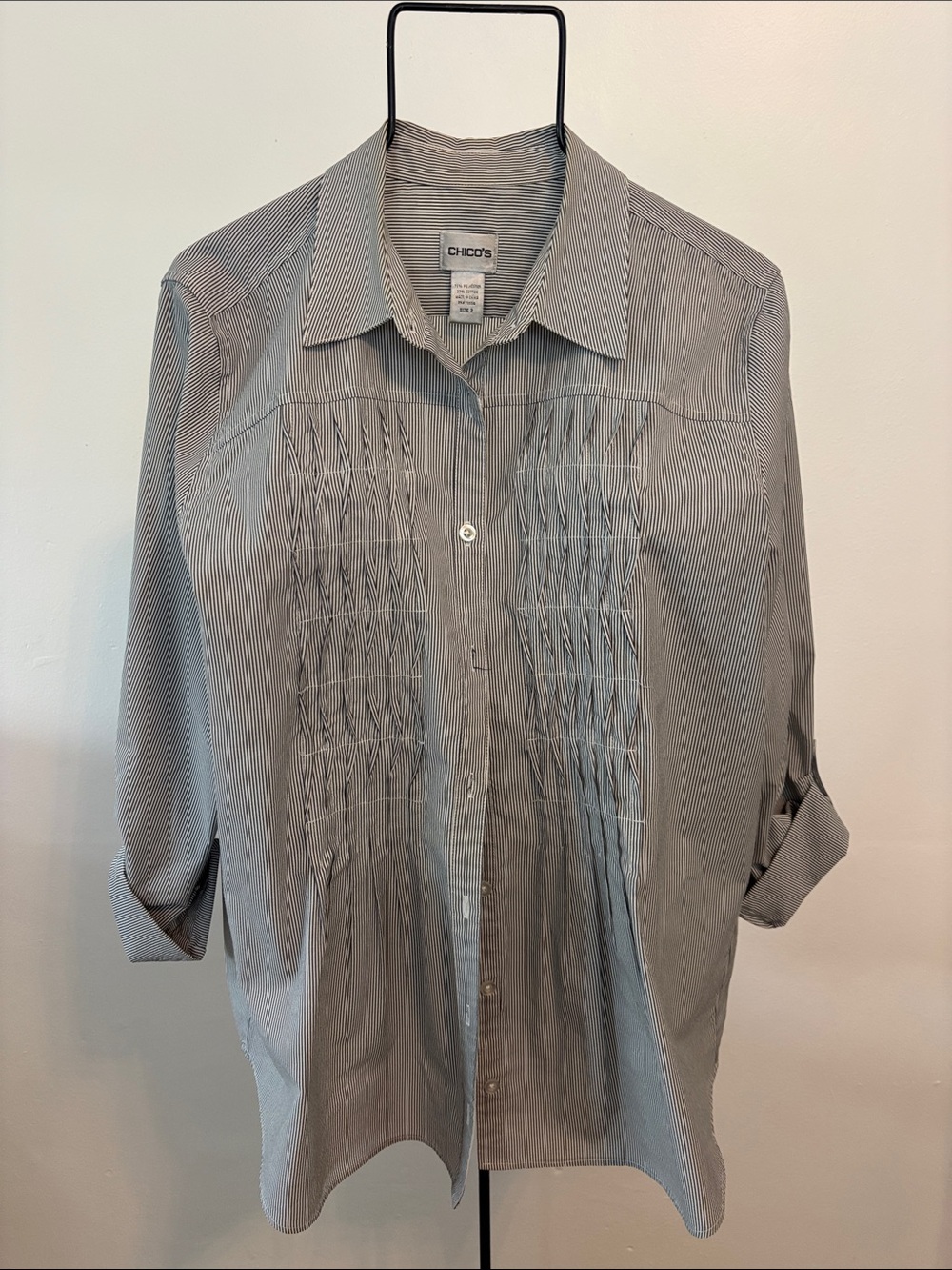 Chico's Gray Pinstripe Pleated Button-Up Shirt